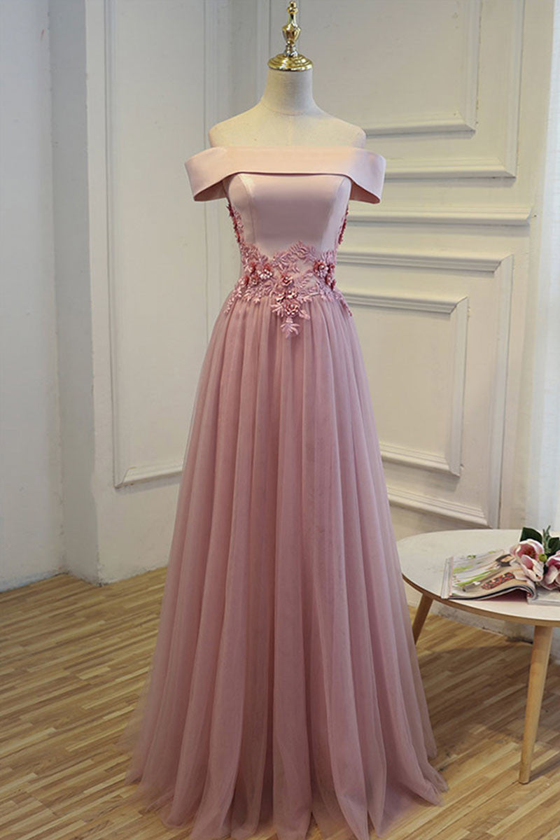 A-line off shoulder tulle long prom dress, tulle bridesmaid dress ...