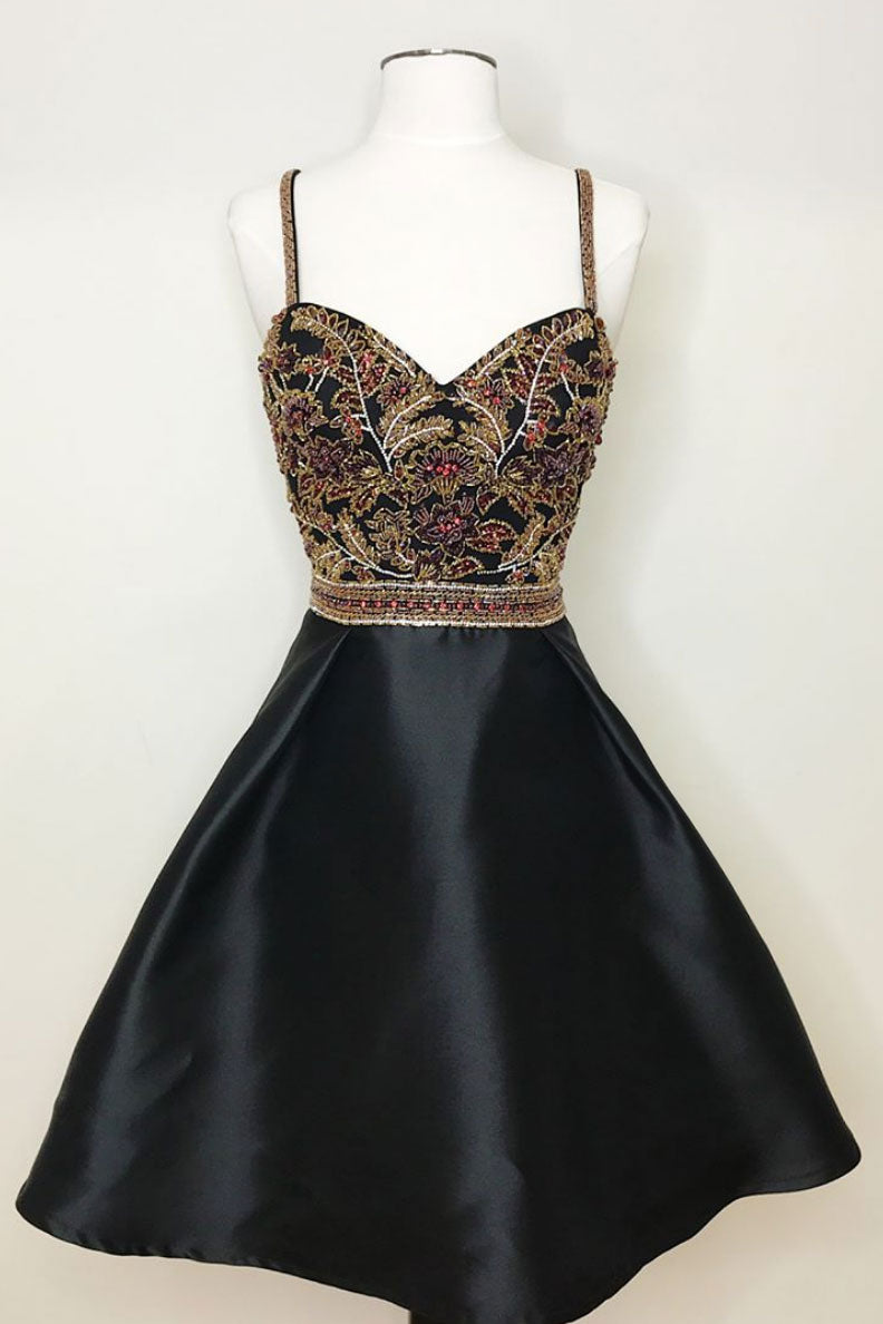 Cute sweetheart neck black beads short prom dress, homecoming dress ...