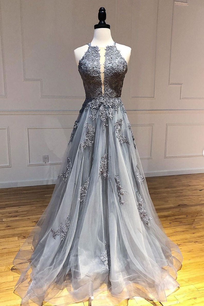 Gray tulle lace long prom dress gray tulle evening dress - dresstby