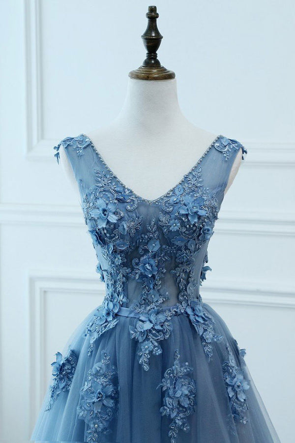 Blue v neck tulle lace long prom dress, blue tulle evening dress - dresstby