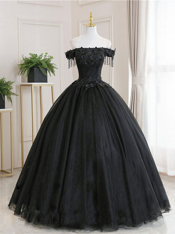 Black tulle lace applique long prom dress, black tulle evening dress ...
