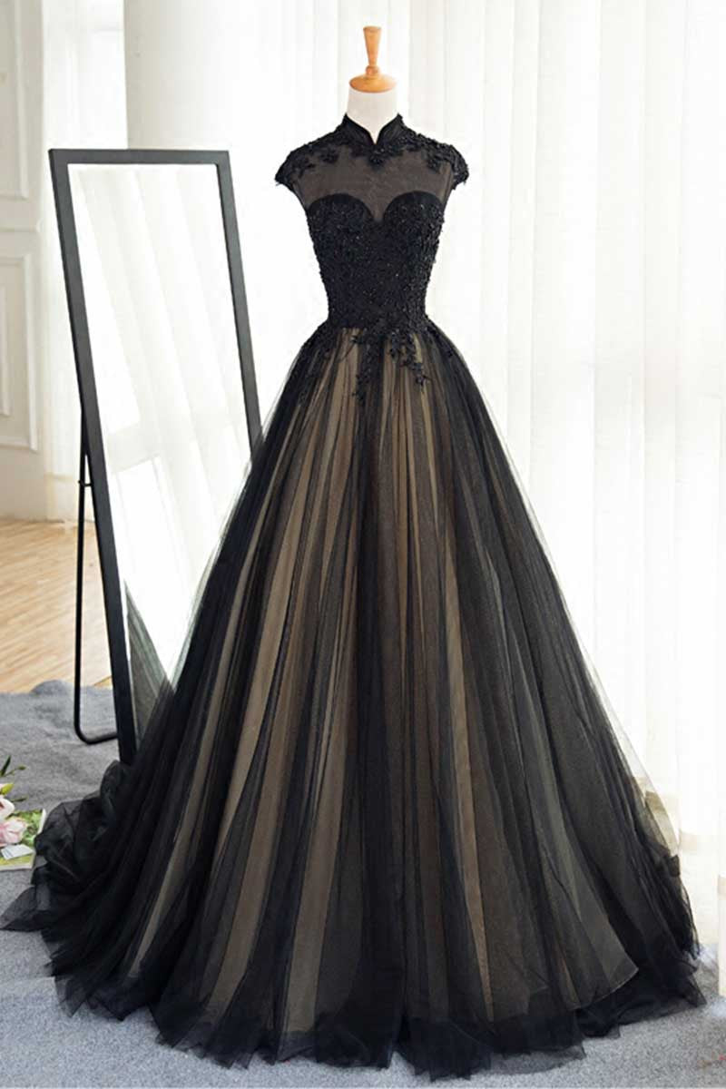 Black tulle lace long prom dress, black tulle evening dress – dresstby