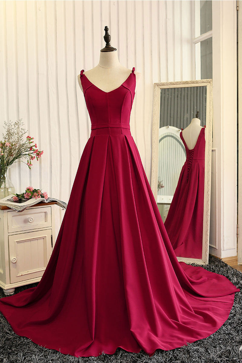 Red v neck satin long prom dress, red evening dress dresstby