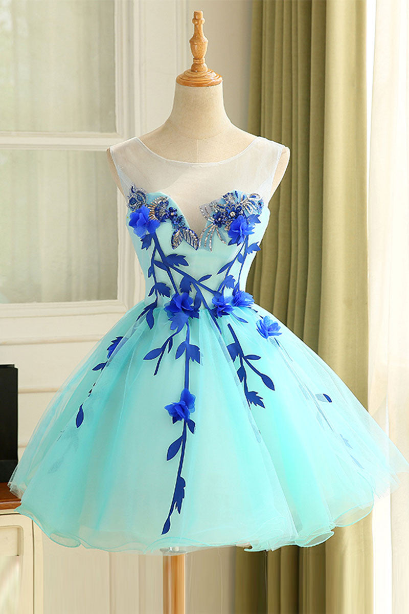  Cute  blue organza short prom dress  cute  homecoming dress  