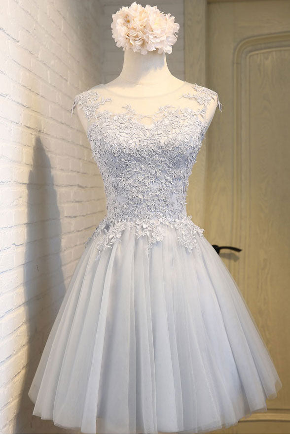 Simple round neck lace applique tulle short prom dress, homecoming dre ...