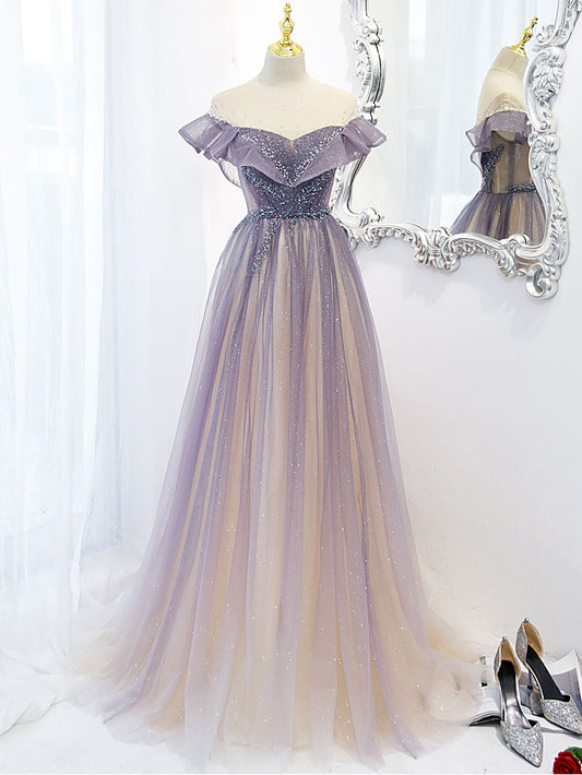 Purple tulle lace v neck long prom dress, purple evening dress