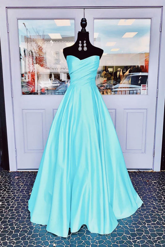 Simple Blue Satin A-line V-neck Long Prom Dresses MP785