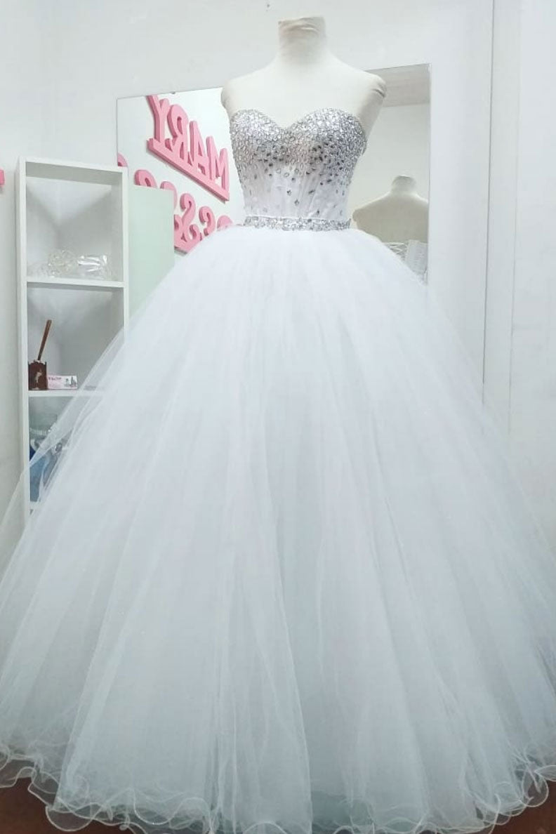 White sweetheart tulle long prom dress white evening dress - dresstby