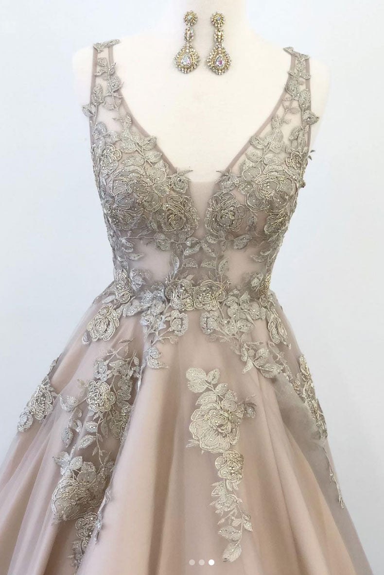 Champagne v neck tulle lace long prom dress, tulle lace evening dress ...