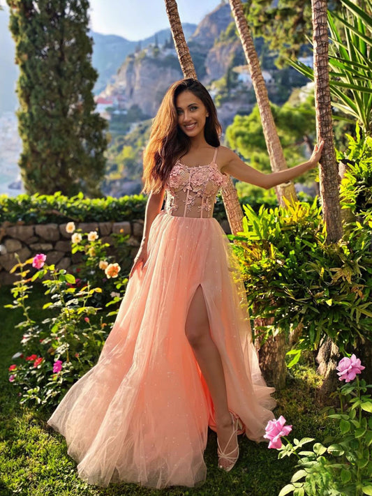 Pink v neck lace tulle long prom dress, pink tulle lace evening