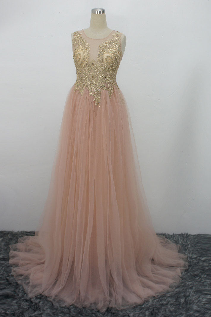 Champagne pink tulle gold lace applique long prom dress, evening dress
