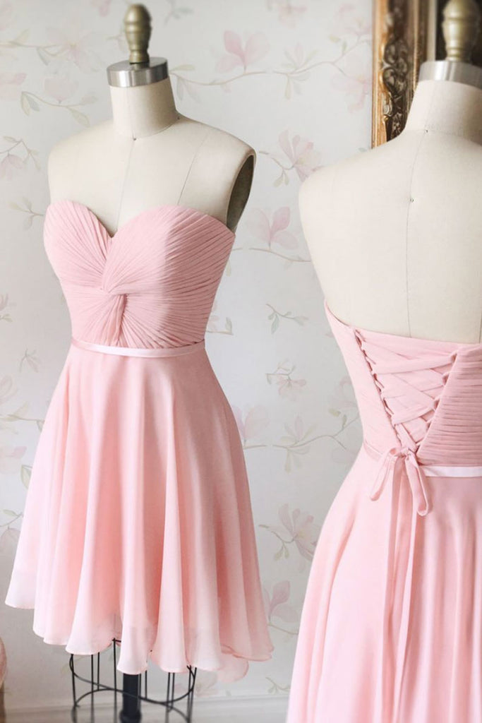 Simple sweetheart neck chiffon pink short prom dress, pink bridesmaid ...