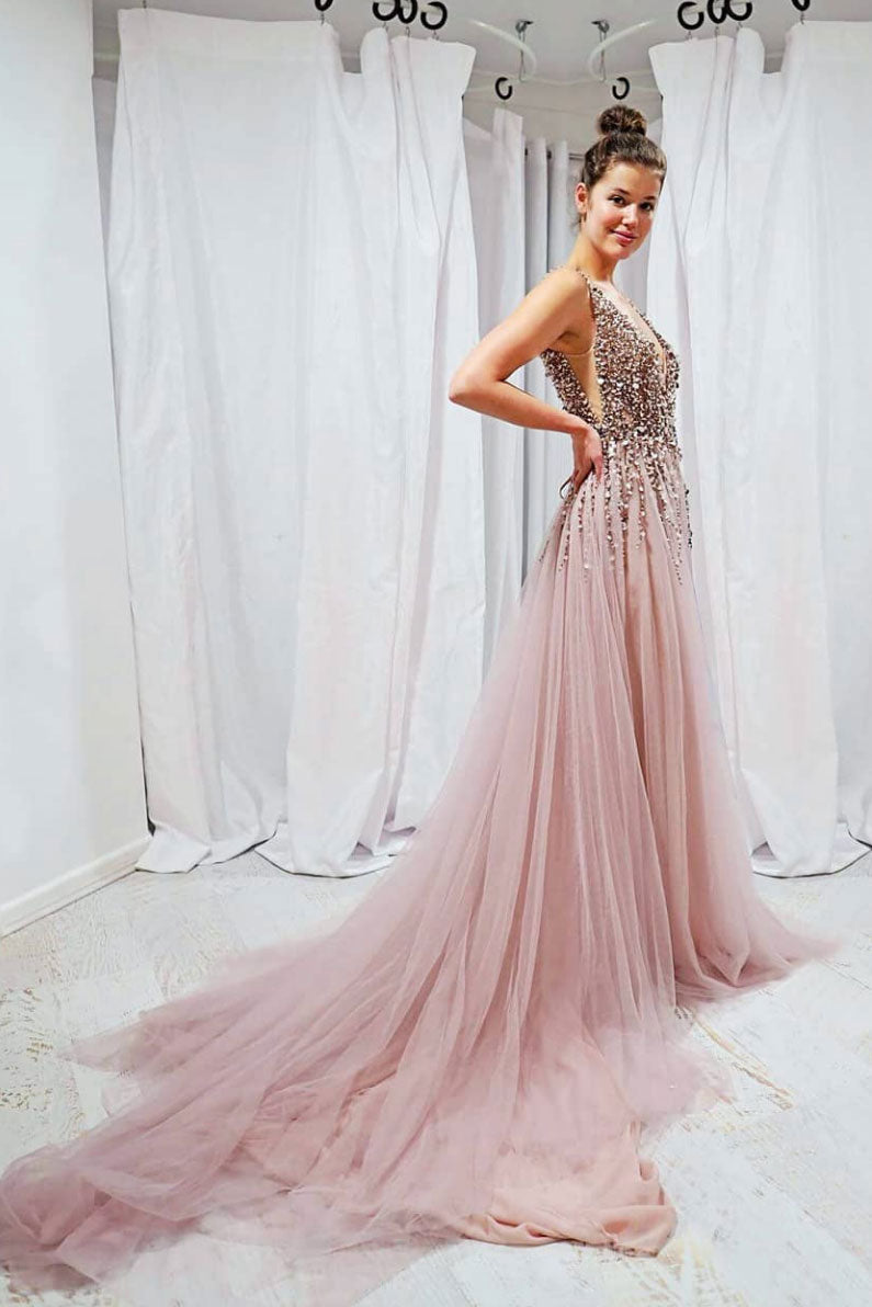 long pink sequin prom dress