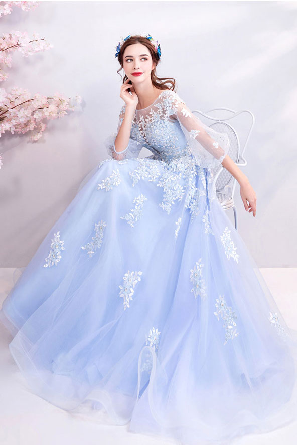 Blue round neck tulle lace long prom dress, blue evening dress - dresstby