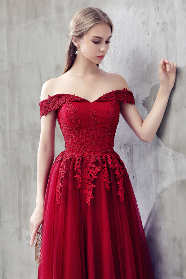 Burgundy Tulle Lace Off Shoulder Prom Dress Burgundy Bridesmaid Dress Dresstby 