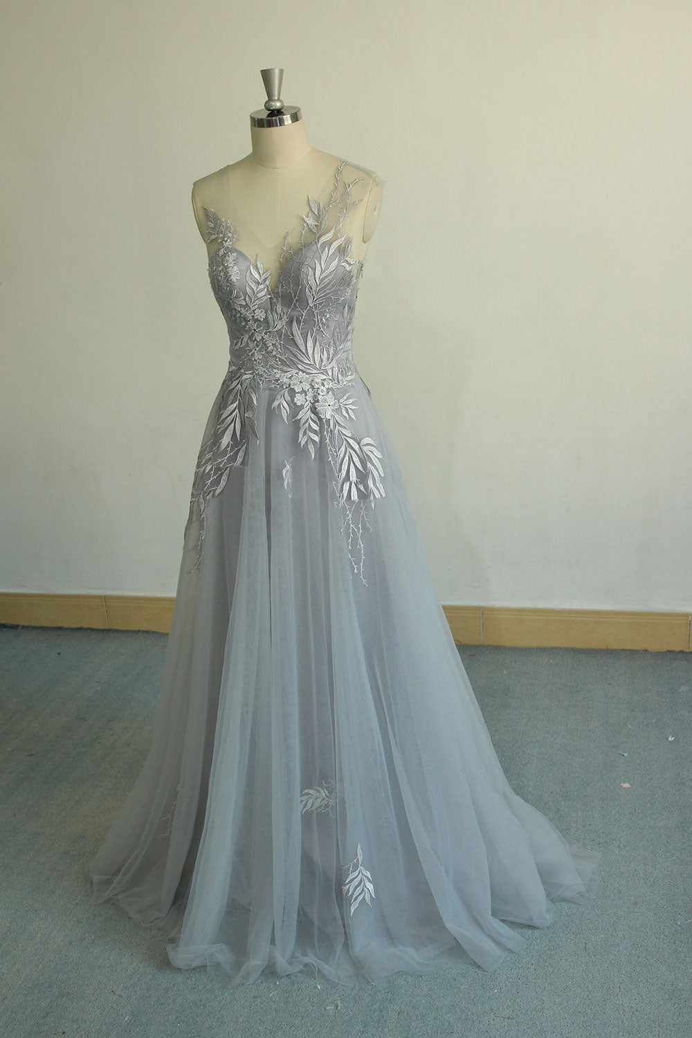 Gray v neck tulle lace long prom dress, gray evening dress – dresstby