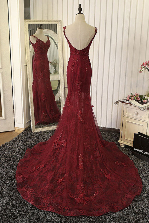 Red mermaid lace long prom dress, lace mermaid evening dress - dresstby