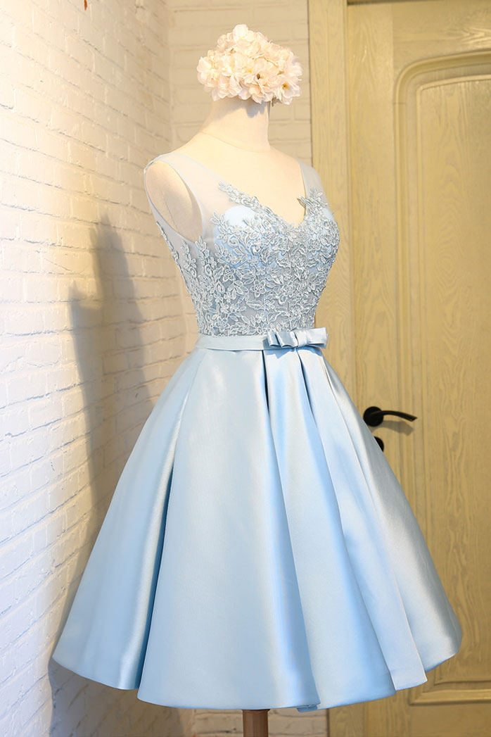 Light Blue V Neck Lace Applique Short Prom Dress Blue Homecoming