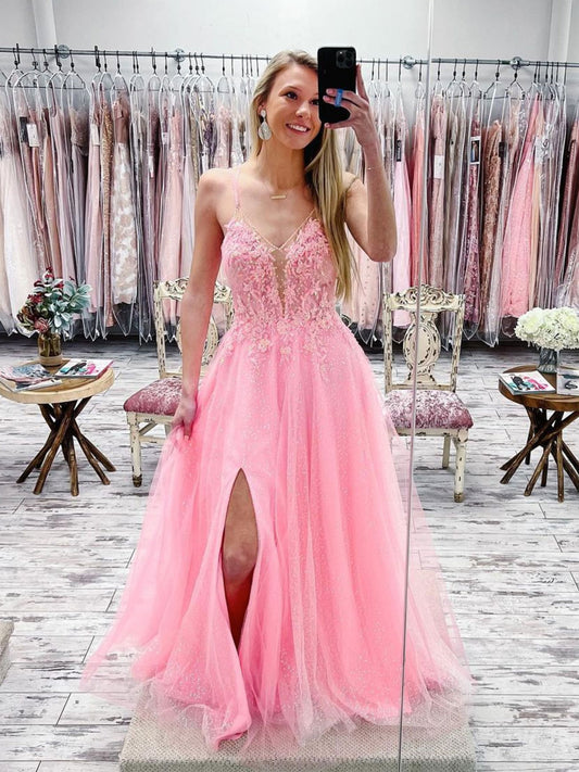 Pink Tulle Lace A-line Sweetheart Prom Dresses, Long Formal Dresses, MP683