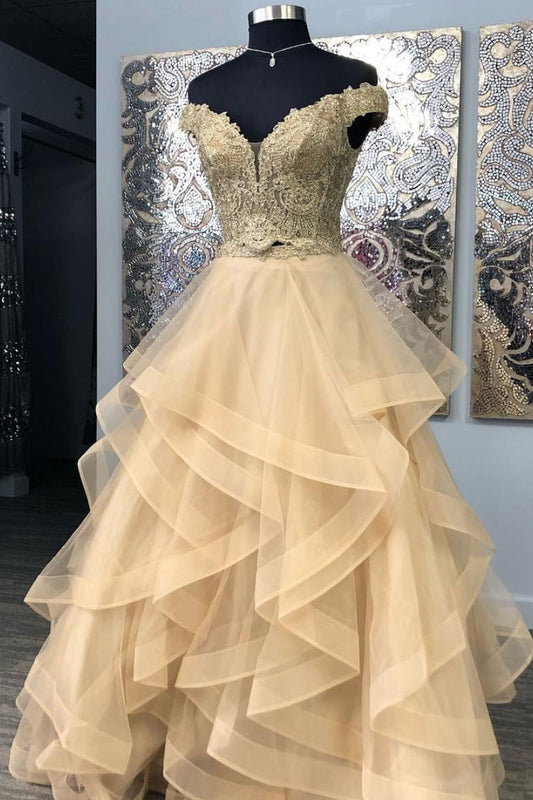 Sparkly Gold Lace Ball Gowns Off The Shoulder Prom Dresses 66709 viniodress Custom Colors / US16