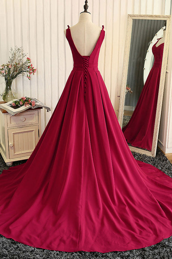 Red v neck satin long prom dress, red evening dress - dresstby