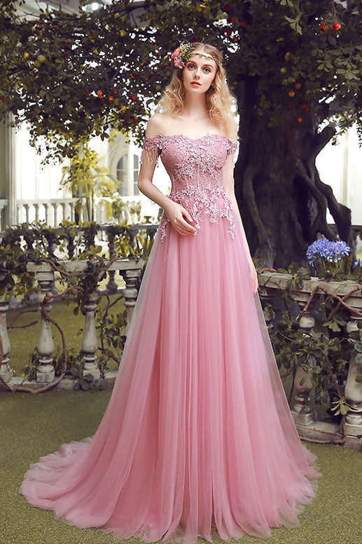 pink off shoulder long dress