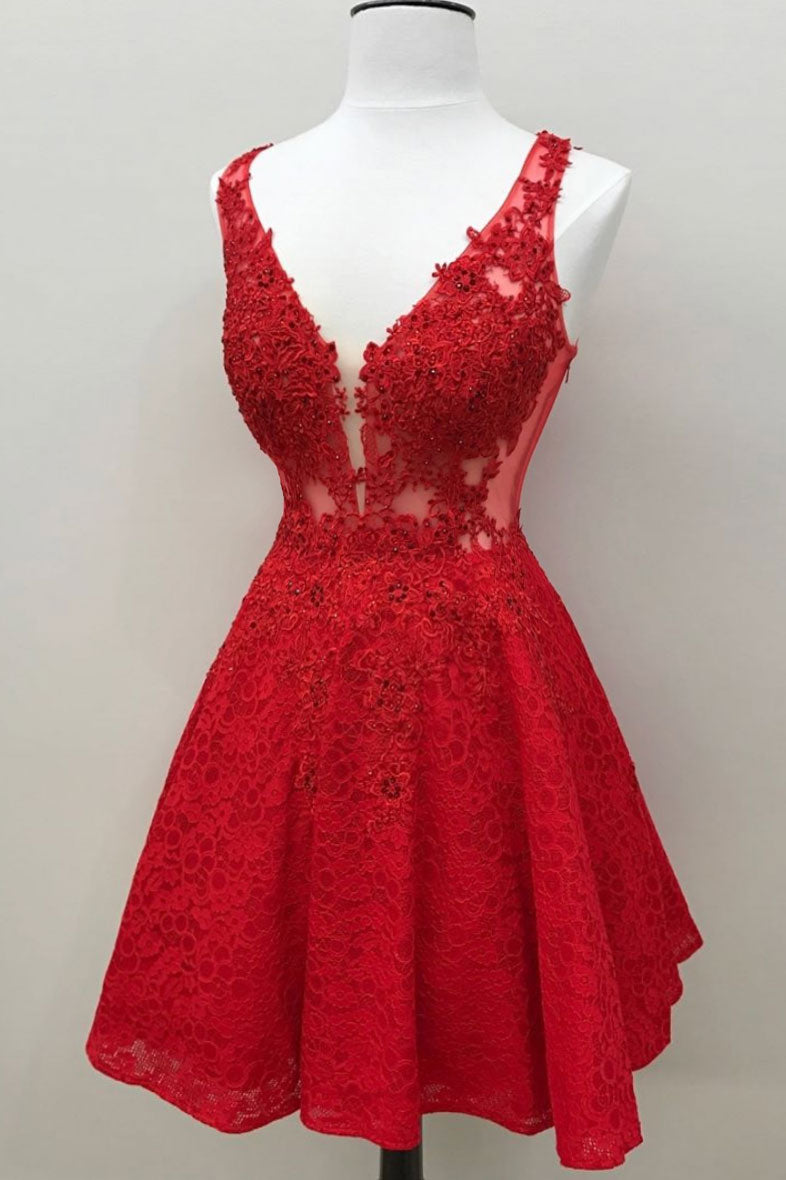 red v neck short dress
