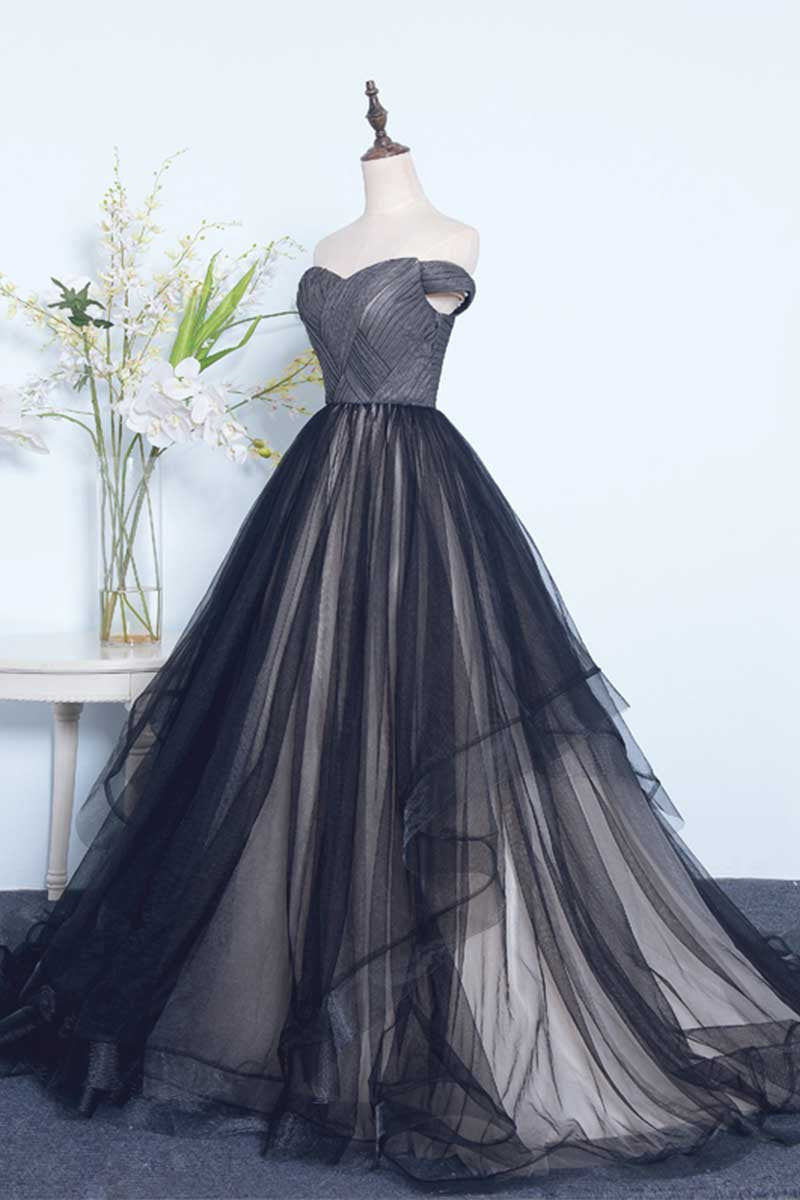 Black off shoulder tulle long prom dress, black evening dress – dresstby