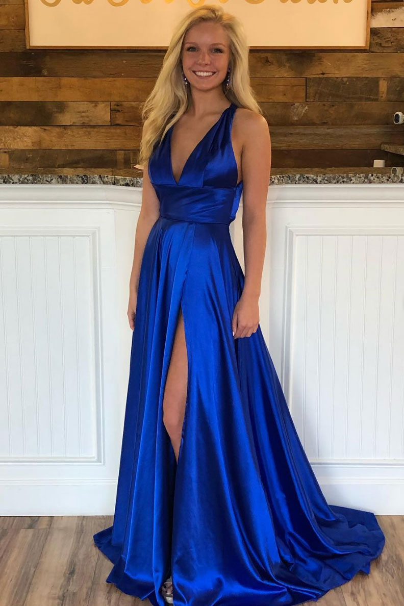 Simple v neck blue satin long prom dress blue formal dress - dresstby