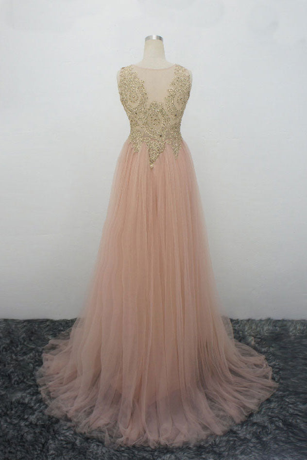 gold tulle prom dress