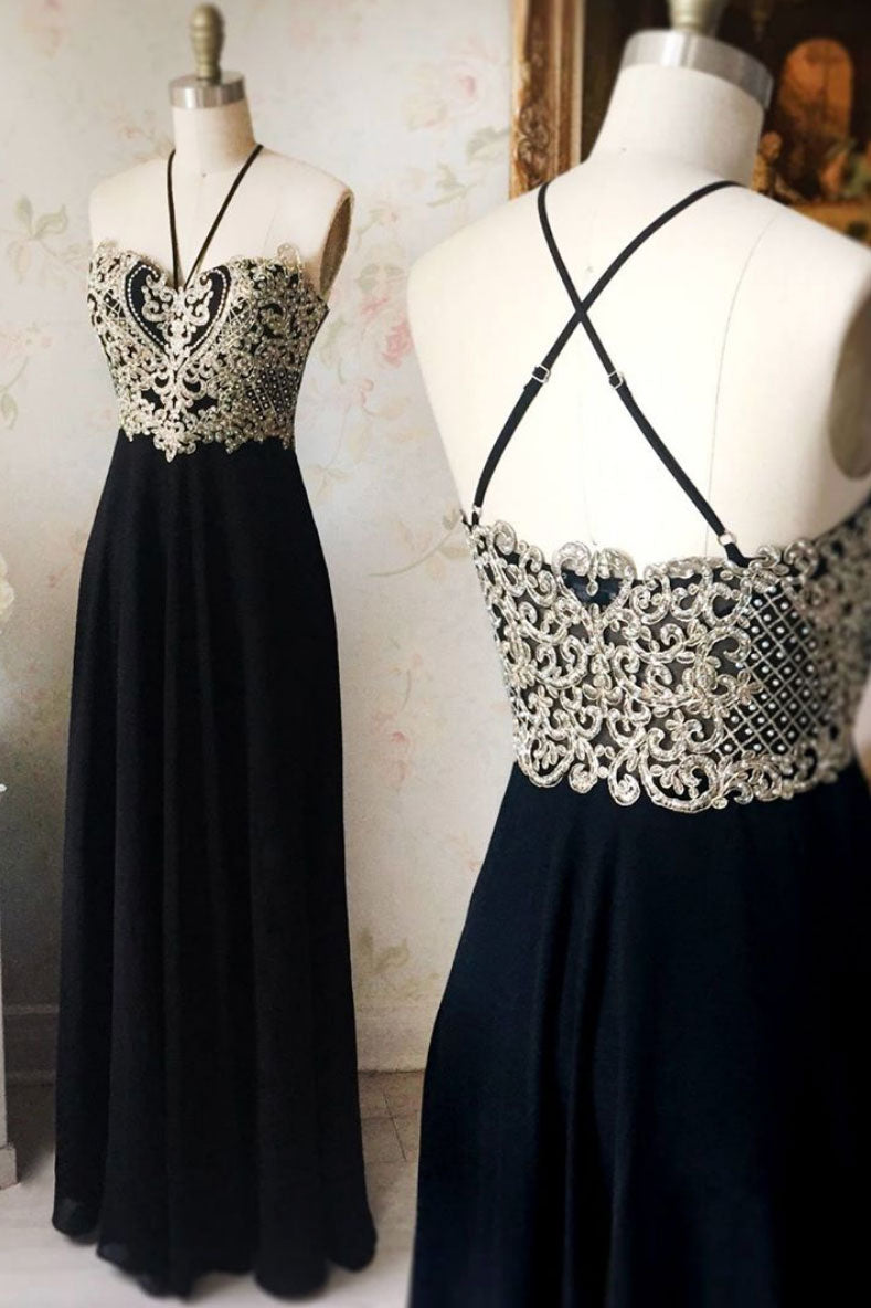 Black sweetheart lace applique long prom dress, black evening dress ...