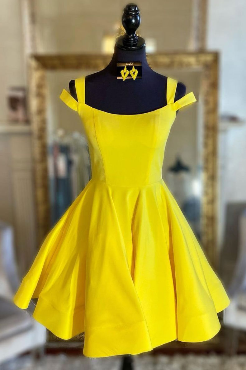 Simple yellow satin short prom dress yellow cocktail dress – dresstby