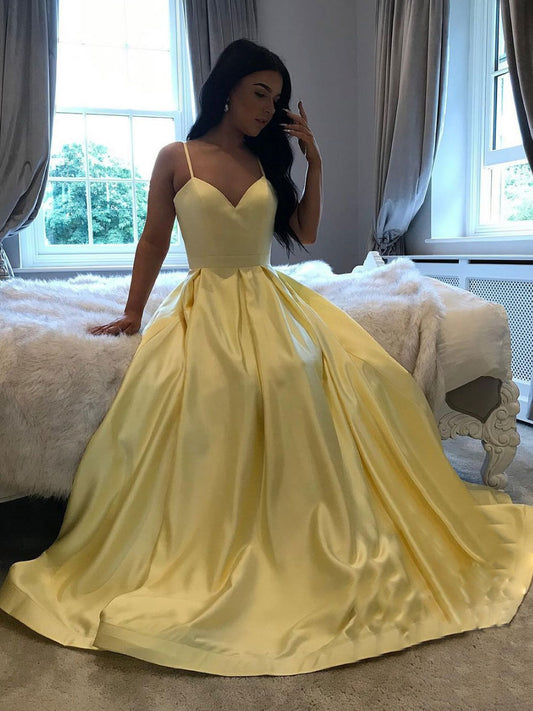 Simple sweetheart yellow satin long prom dress yellow formal dress