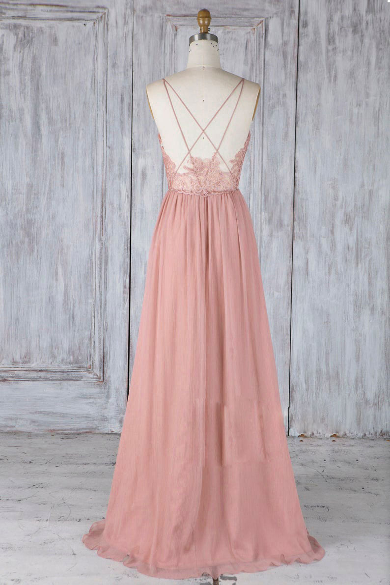 Pink chiffon lace long prom dress pink lace bridesmaid dress - dresstby