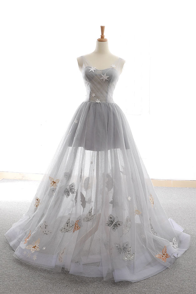 Gray sweetheart tulle long prom dress gray evening dress – dresstby