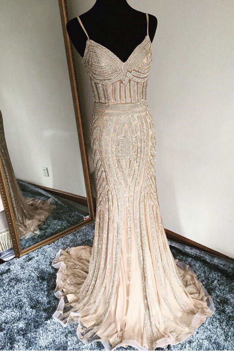 Unique champagne mermaid long prom dress, evening dress - dresstby