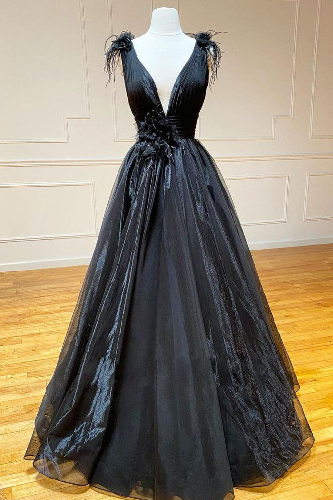 Black v neck tulle lace long prom dress black tulle formal dress - dresstby