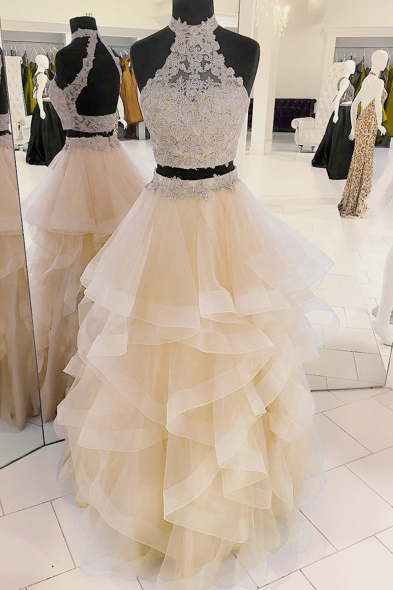 white and champagne prom dress