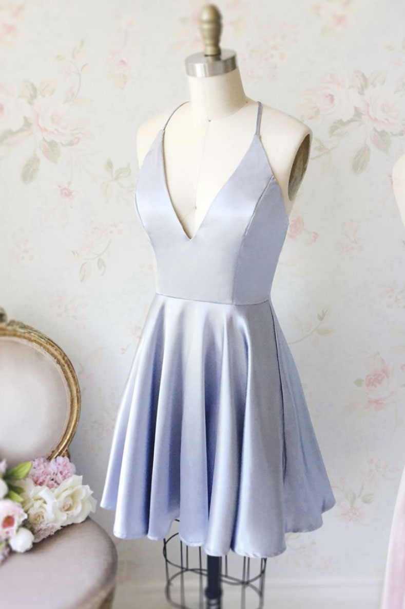 light blue v neck prom dress