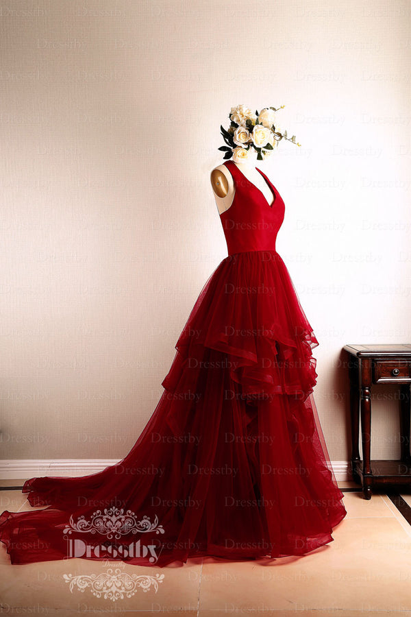 Burgundy V Neck Tulle Long Prom Dress Burgundy Evening Dress Dresstby 1896