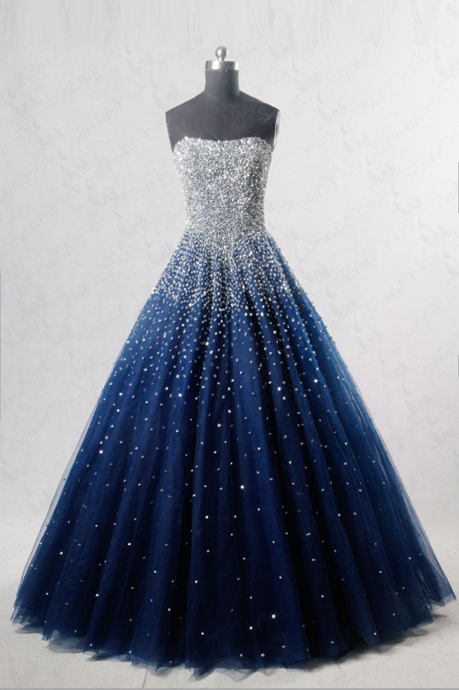 navy glitter prom dress