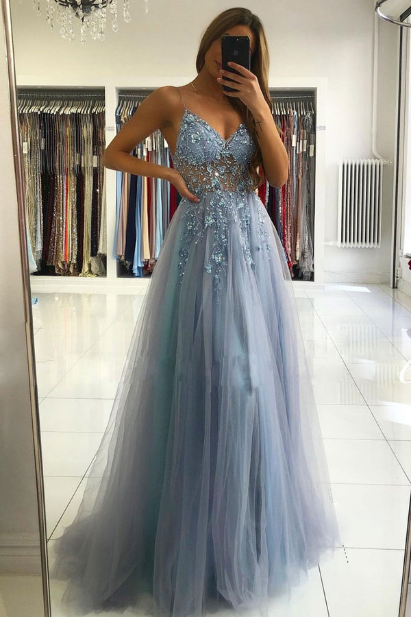 Gray blue v neck tulle beads long prom dress blue formal dress – dresstby