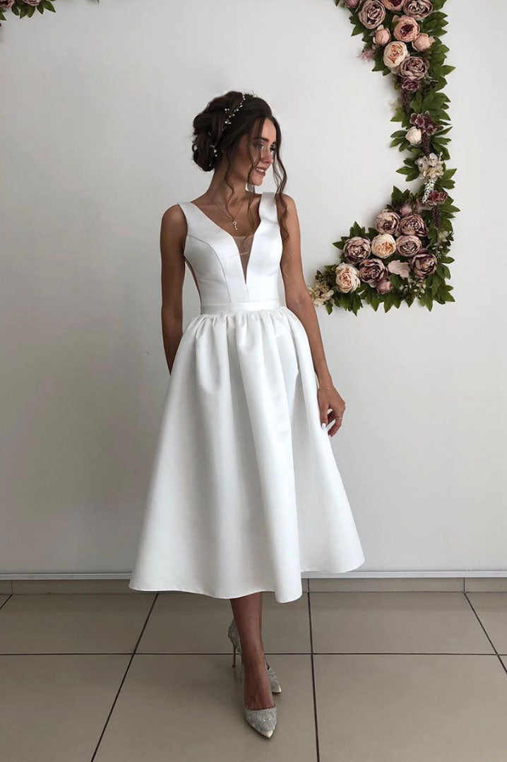 Simple v neck satin bridesmaid dress, tea length prom dress – dresstby