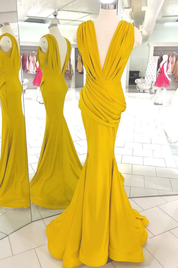 Yellow v neck long prom dress, yellow evening dress - dresstby