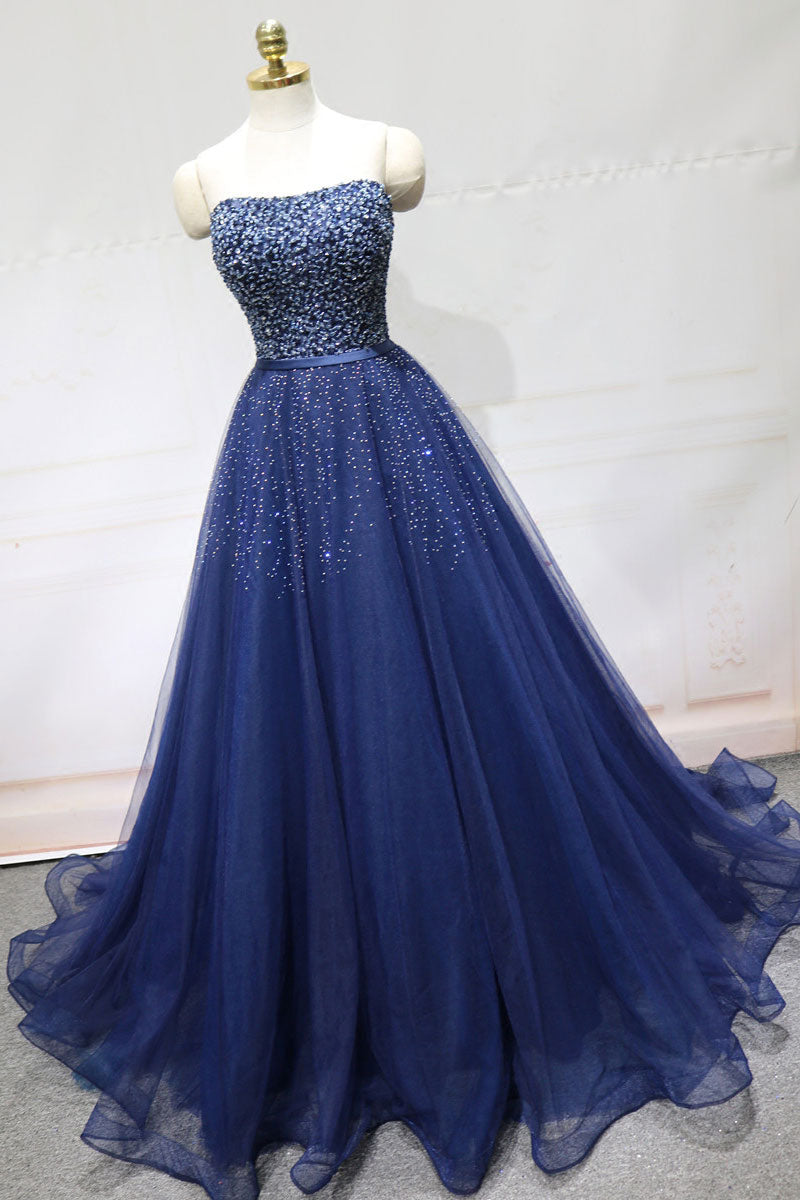 Dark blue tulle sequin long prom dress, blue tulle formal dress - dresstby