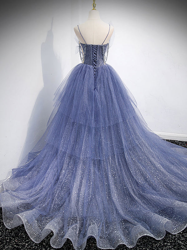 Blue v neck tulle sequin long prom dress, blue evening dress - dresstby