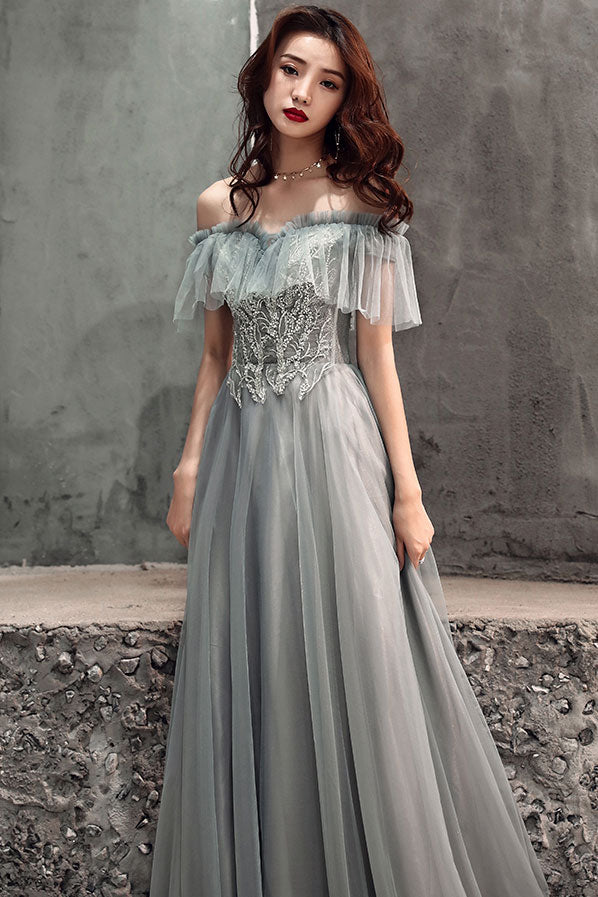 Gray tulle lace long prom dress, gray lace evening dress – dresstby
