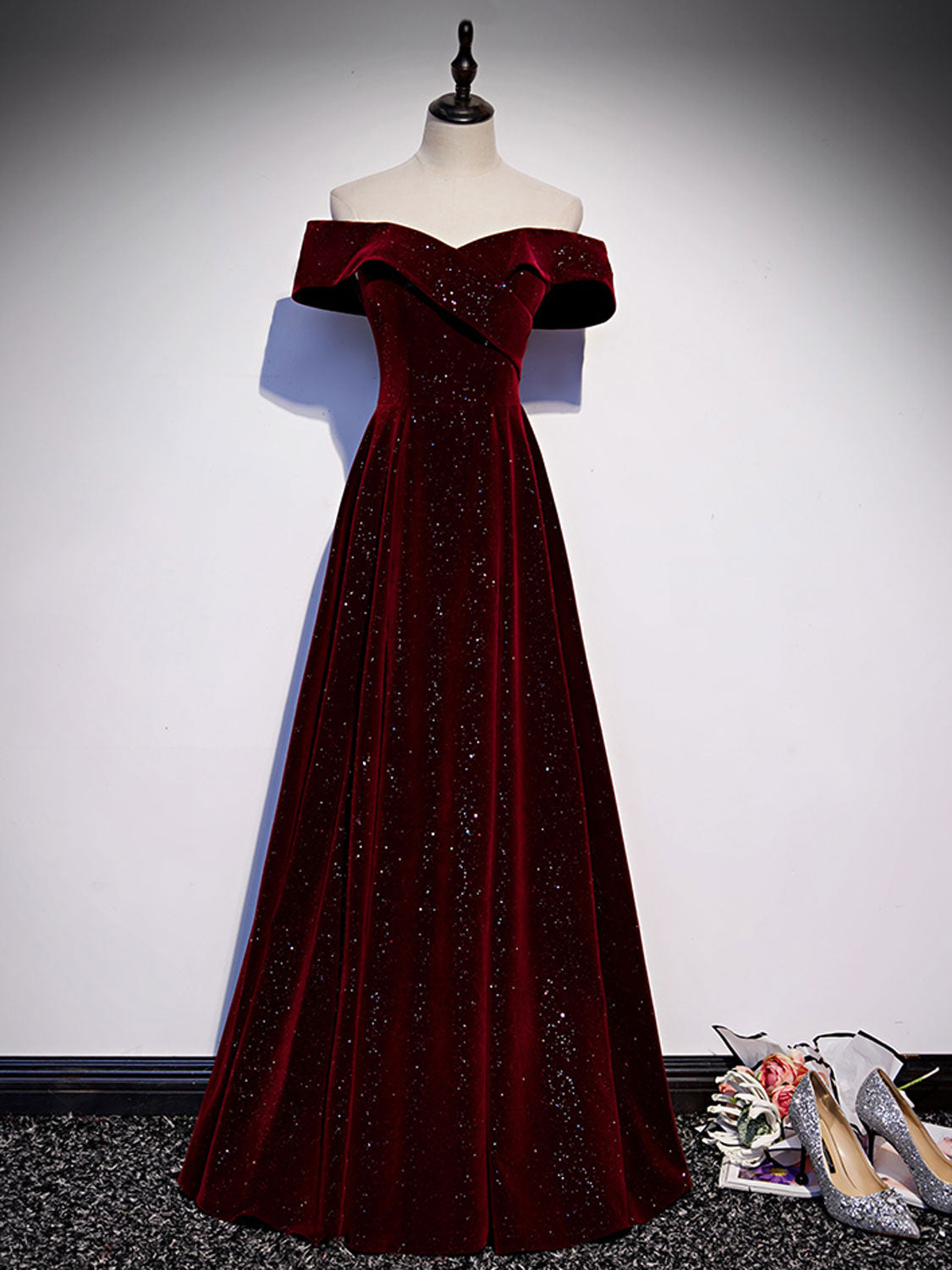 A-Line Off Shoulder Velvet Burgundy Long Prom Dress, Burgundy Formal D ...