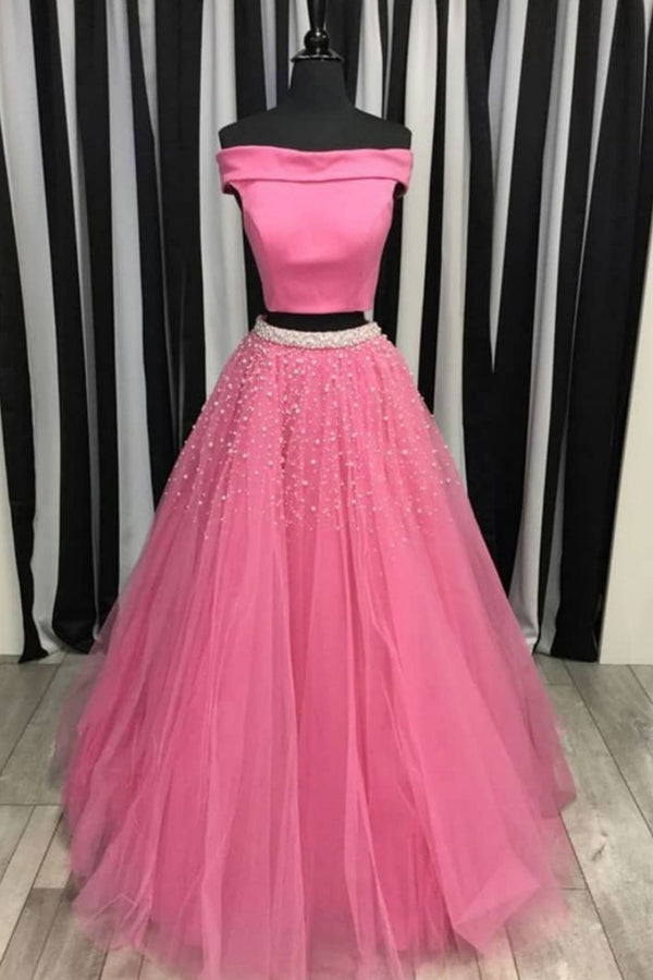 Pink two pieces tulle beads long prom dress, pink evening dress - dresstby
