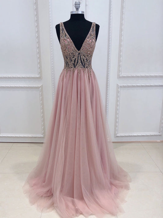 Pink A line tulle long prom dress pink formal evening dress